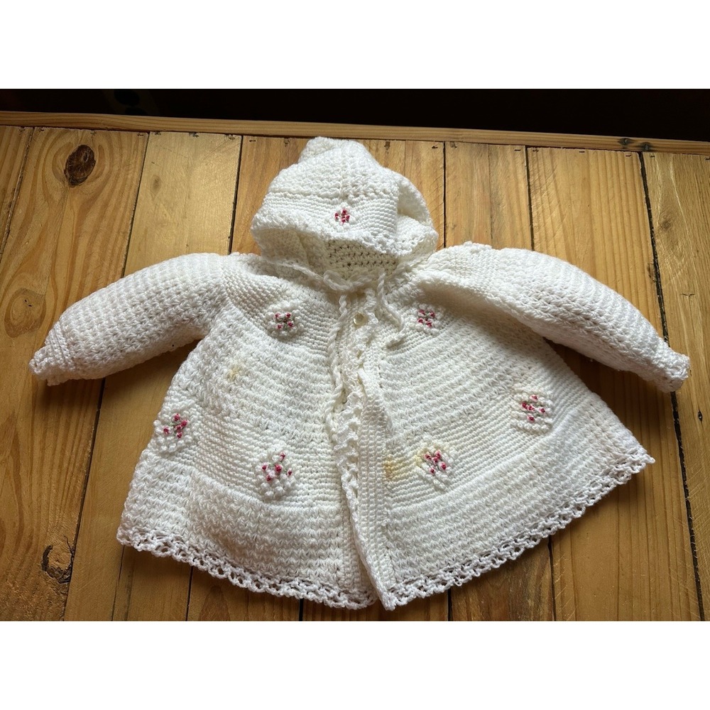 Vintage White Baby Jacket Sweater Crochet Pink Flowers‎ Pointed Hood Cottage